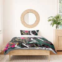Hawaiian and Japanese Culture Bedding Set Crane Sakura Hibiscus Tropical Vibes