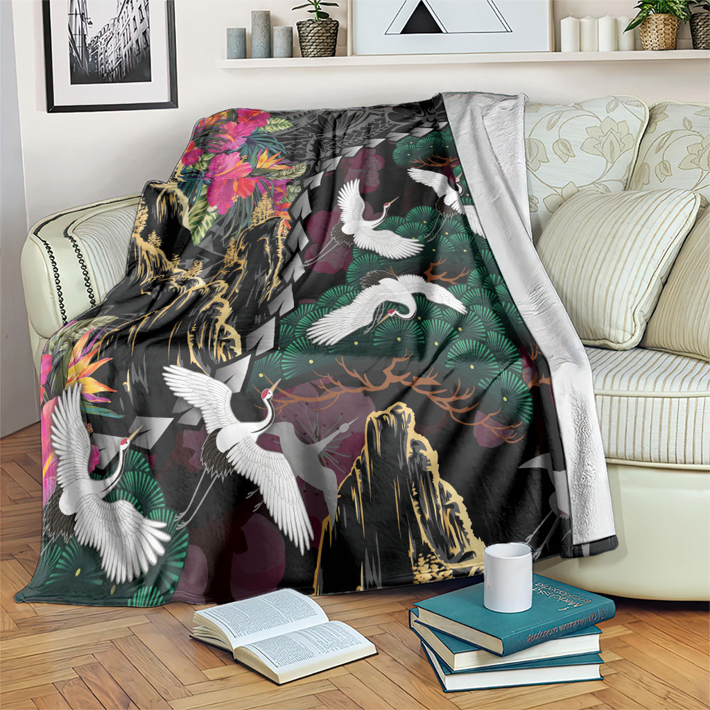 Hawaiian and Japanese Culture Blanket Crane Sakura Hibiscus Tropical Vibes