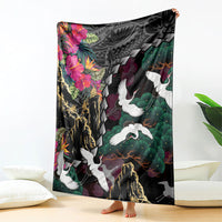 Hawaiian and Japanese Culture Blanket Crane Sakura Hibiscus Tropical Vibes
