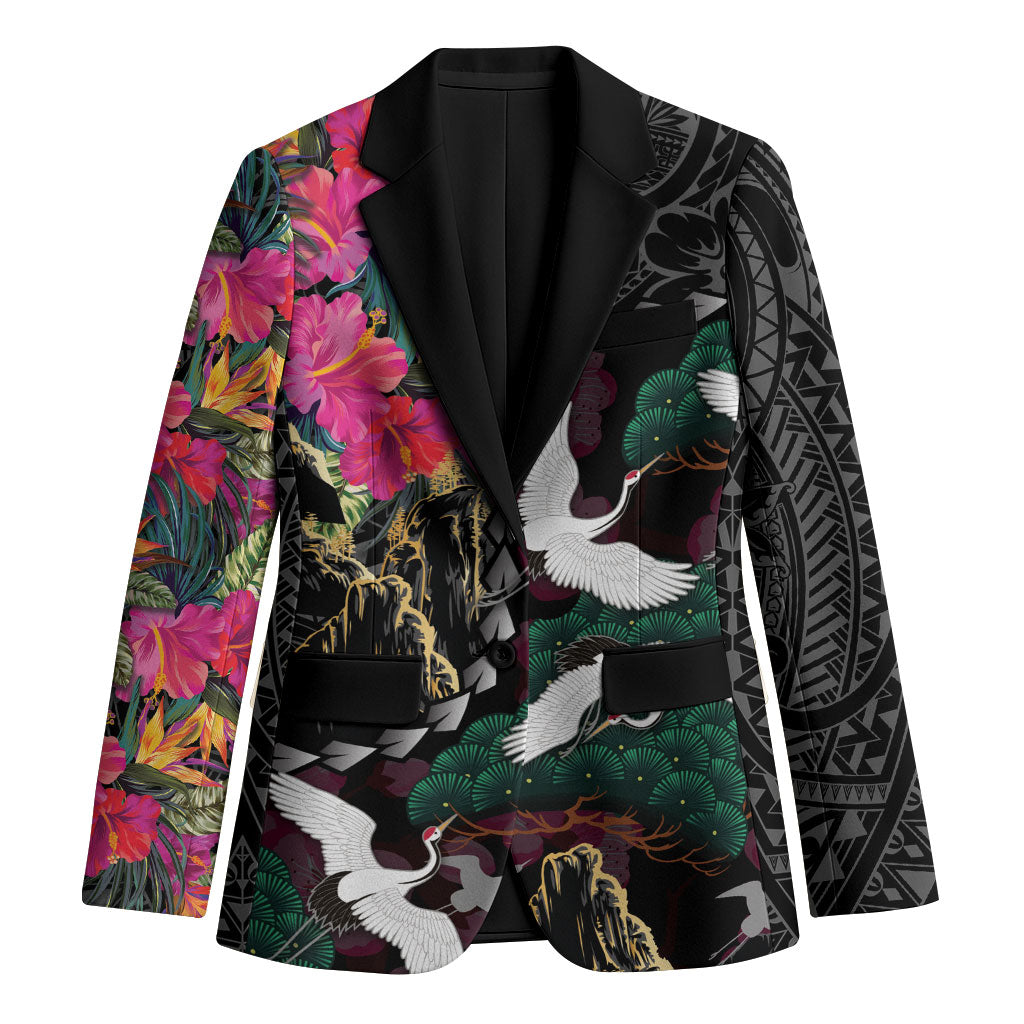 Hawaiian and Japanese Culture Blazer Crane Sakura Hibiscus Tropical Vibes LT14 Unisex Black - Polynesian Pride