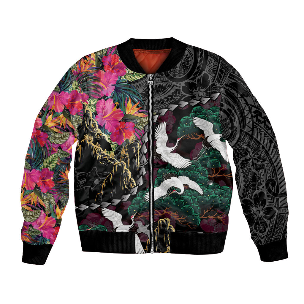 Hawaiian and Japanese Culture Bomber Jacket Crane Sakura Hibiscus Tropical Vibes
