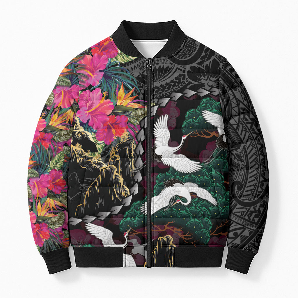Hawaiian and Japanese Culture Bomber Puffer Jacket Crane Sakura Hibiscus Tropical Vibes LT14 Unisex Black - Polynesian Pride