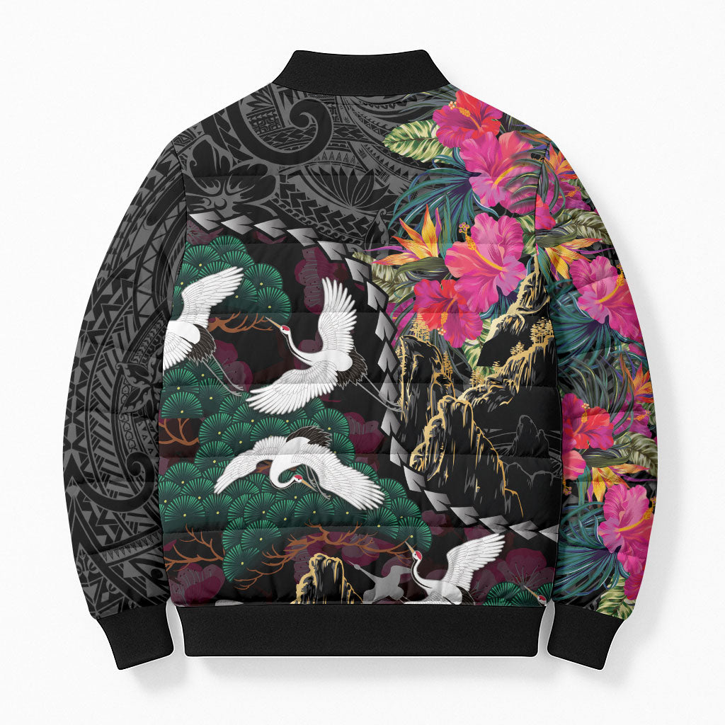 Hawaiian and Japanese Culture Bomber Puffer Jacket Crane Sakura Hibiscus Tropical Vibes