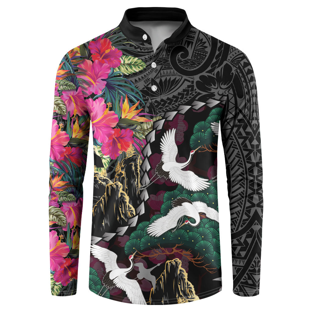 Hawaiian and Japanese Culture Button Sweatshirt Crane Sakura Hibiscus Tropical Vibes LT14 Black - Polynesian Pride