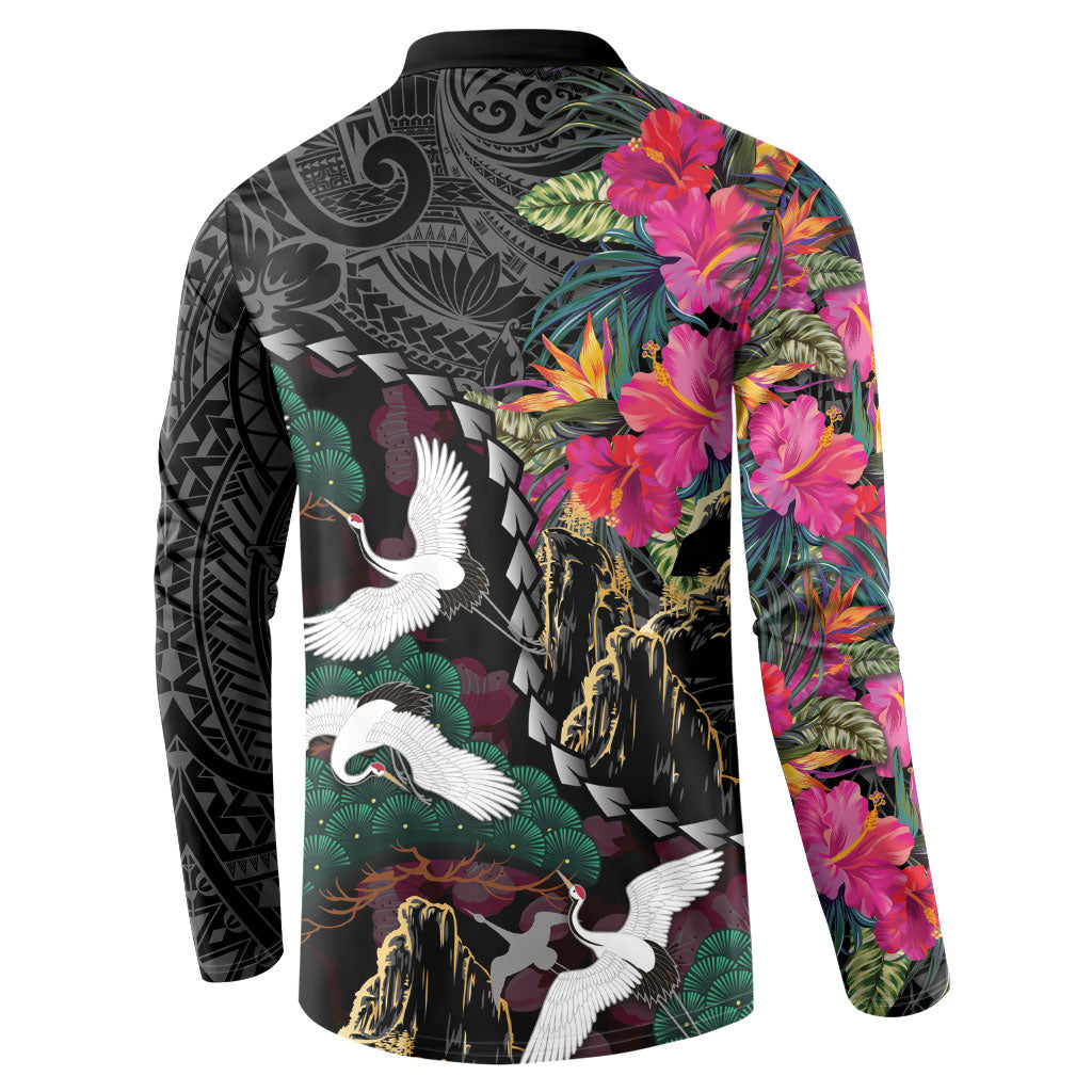 Hawaiian and Japanese Culture Button Sweatshirt Crane Sakura Hibiscus Tropical Vibes