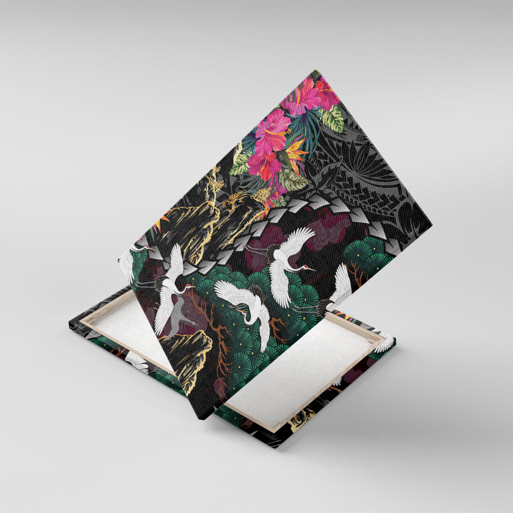 Hawaiian and Japanese Culture Canvas Wall Art Crane Sakura Hibiscus Tropical Vibes