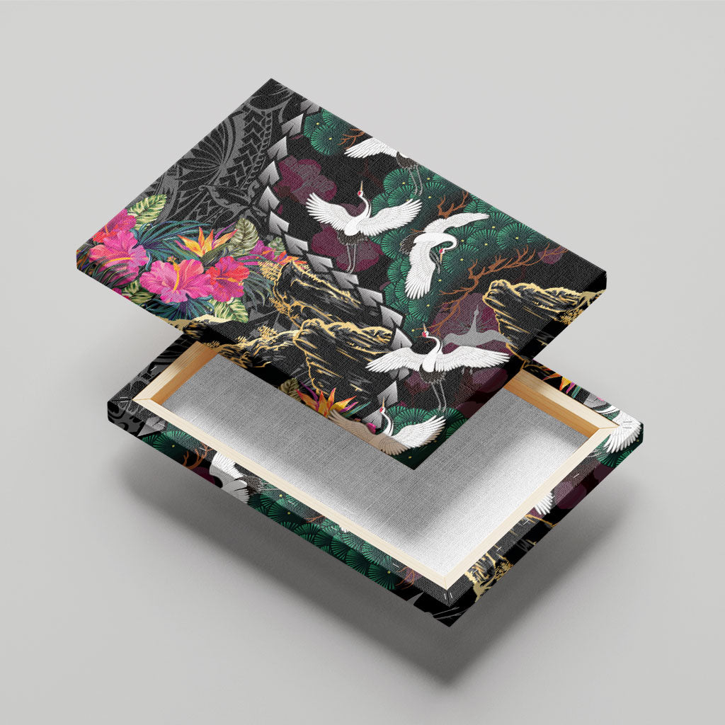 Hawaiian and Japanese Culture Canvas Wall Art Crane Sakura Hibiscus Tropical Vibes