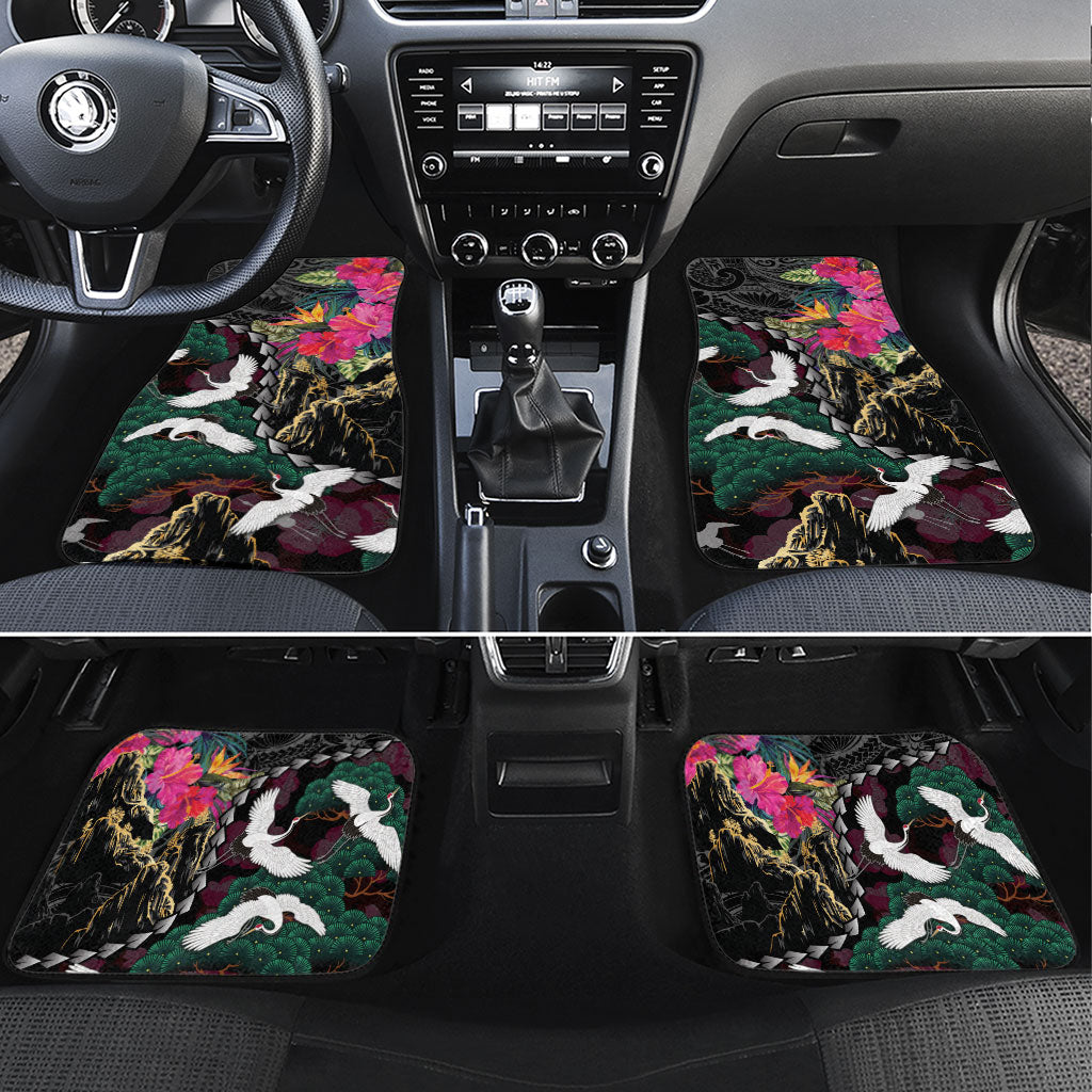 Hawaiian and Japanese Culture Car Mats Crane Sakura Hibiscus Tropical Vibes