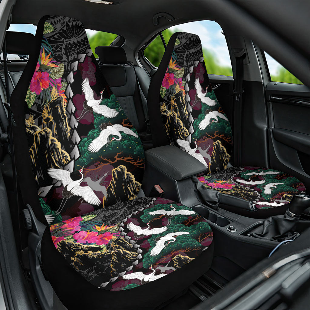 Hawaiian and Japanese Culture Car Seat Cover Crane Sakura Hibiscus Tropical Vibes
