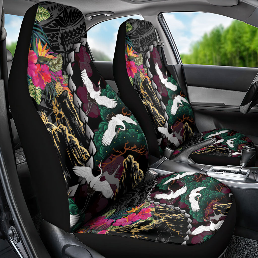 Hawaiian and Japanese Culture Car Seat Cover Crane Sakura Hibiscus Tropical Vibes