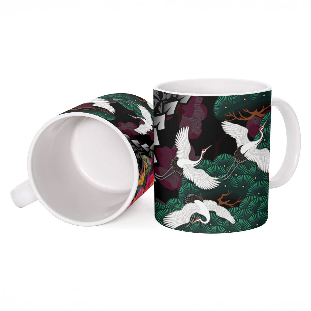 Hawaiian and Japanese Culture Ceramic Mug Crane Sakura Hibiscus Tropical Vibes