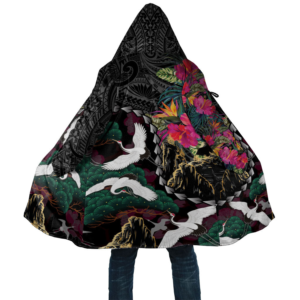 Hawaiian and Japanese Culture Cloak Crane Sakura Hibiscus Tropical Vibes LT14 Unisex Black - Polynesian Pride