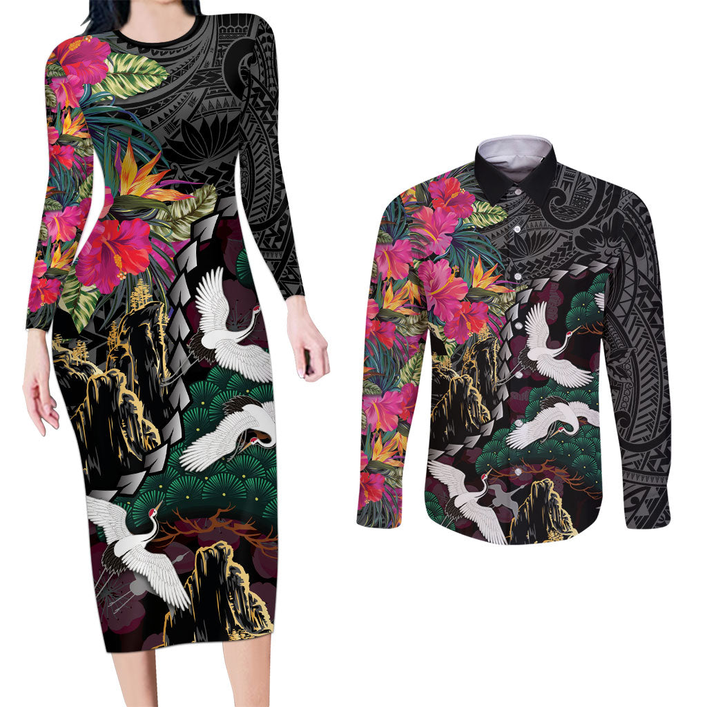 Hawaiian and Japanese Culture Couples Matching Long Sleeve Bodycon Dress and Long Sleeve Button Shirt Crane Sakura Hibiscus Tropical Vibes
