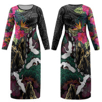 Hawaiian and Japanese Culture Couples Matching Long Sleeve Bodycon Dress and Long Sleeve Button Shirt Crane Sakura Hibiscus Tropical Vibes LT14 - Polynesian Pride
