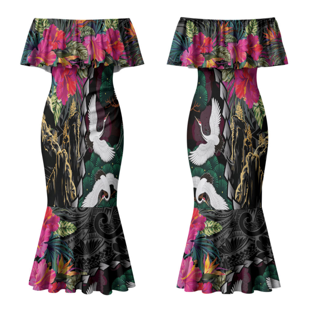 Hawaiian and Japanese Culture Couples Matching Mermaid Dress and Long Sleeve Button Shirt Crane Sakura Hibiscus Tropical Vibes LT14 - Polynesian Pride