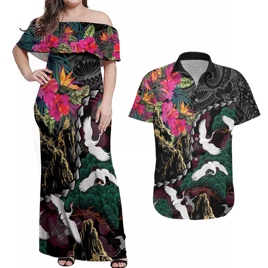 Hawaiian and Japanese Culture Couples Matching Off Shoulder Maxi Dress and Hawaiian Shirt Crane Sakura Hibiscus Tropical Vibes LT14 Black - Polynesian Pride