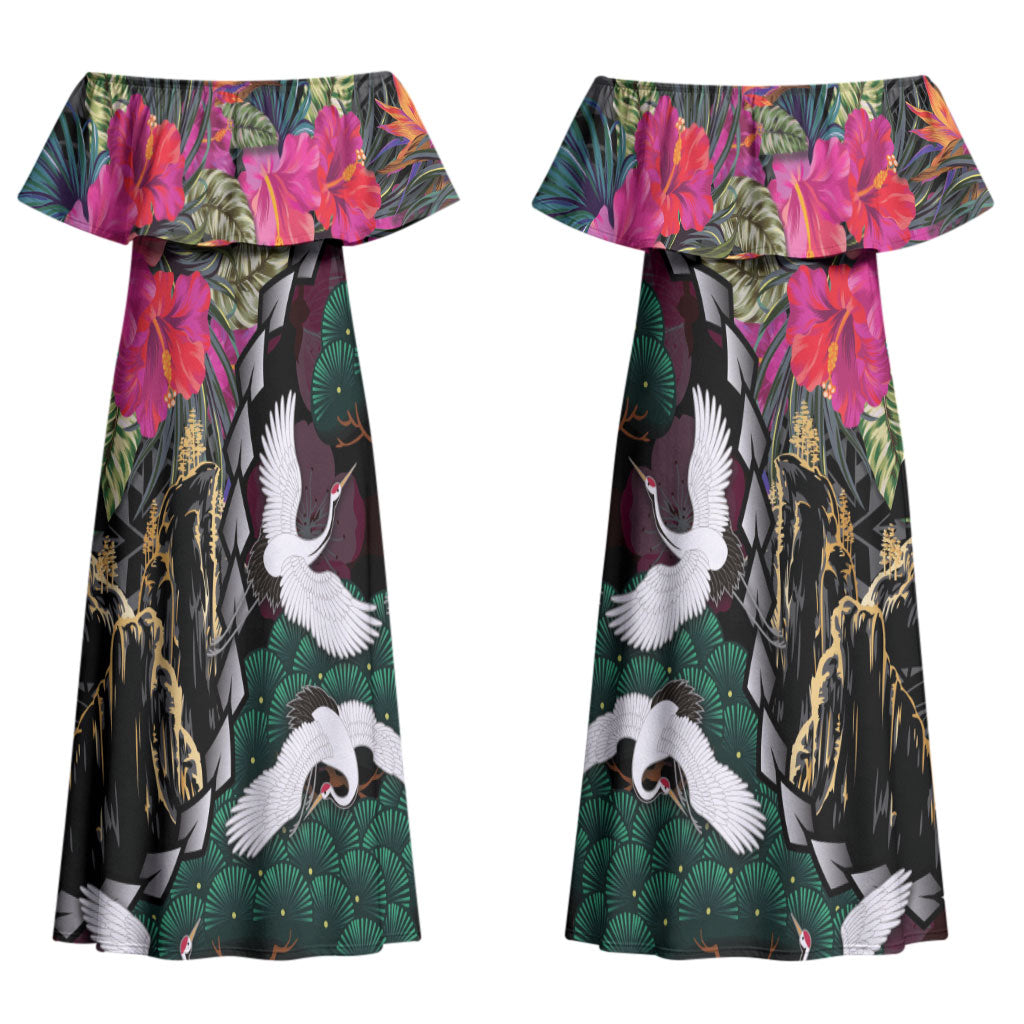 Hawaiian and Japanese Culture Couples Matching Off Shoulder Maxi Dress and Hawaiian Shirt Crane Sakura Hibiscus Tropical Vibes LT14 - Polynesian Pride