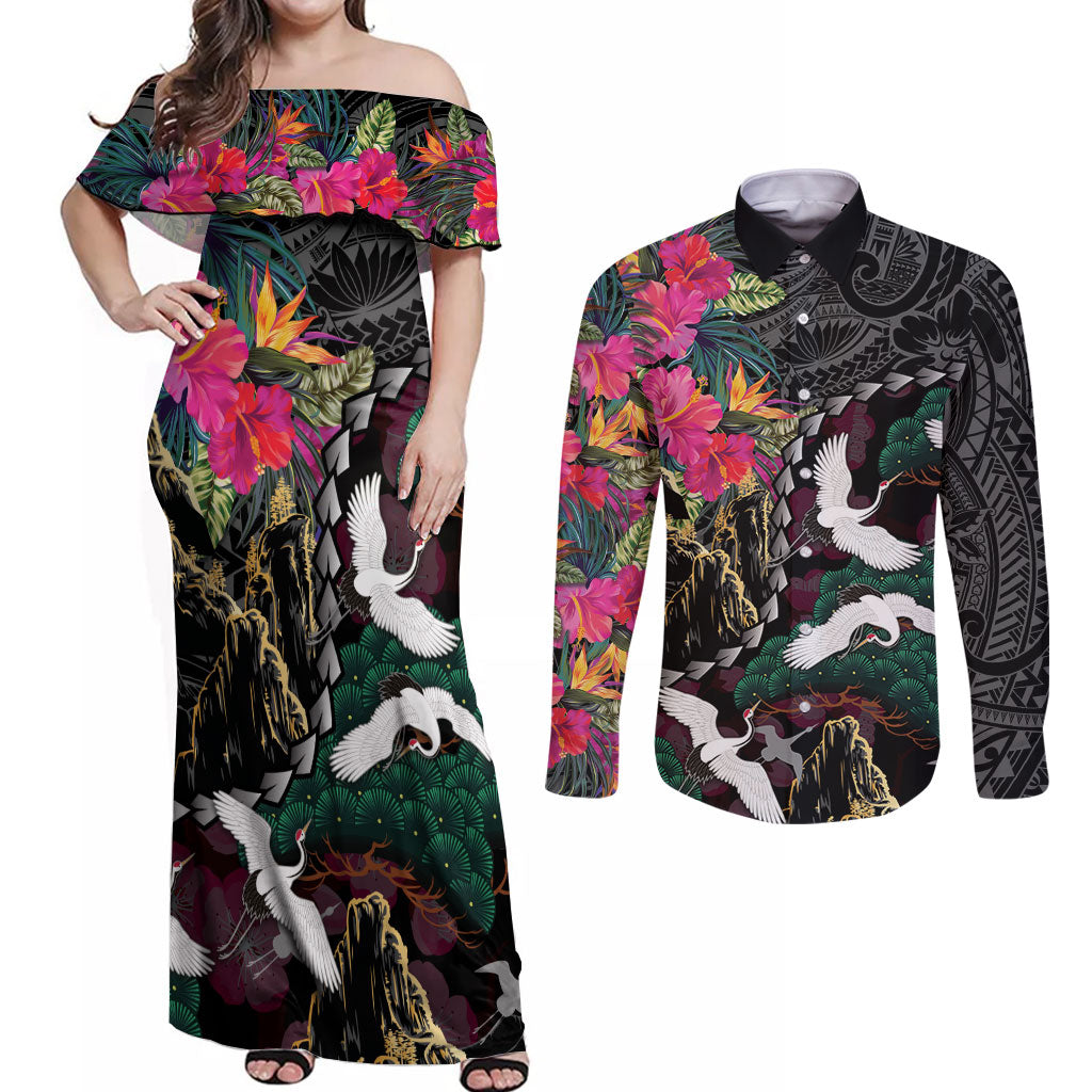 Hawaiian and Japanese Culture Couples Matching Off Shoulder Maxi Dress and Long Sleeve Button Shirt Crane Sakura Hibiscus Tropical Vibes LT14 Black - Polynesian Pride