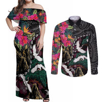 Hawaiian and Japanese Culture Couples Matching Off Shoulder Maxi Dress and Long Sleeve Button Shirt Crane Sakura Hibiscus Tropical Vibes