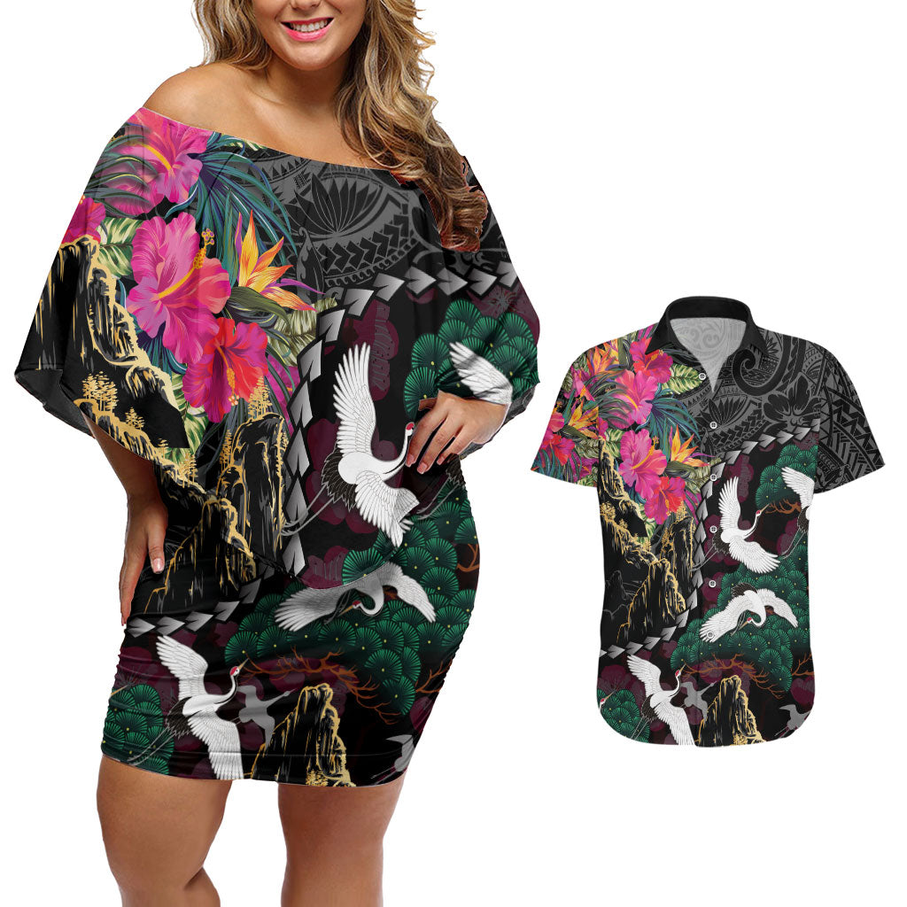Hawaiian and Japanese Culture Couples Matching Off Shoulder Short Dress and Hawaiian Shirt Crane Sakura Hibiscus Tropical Vibes LT14 Black - Polynesian Pride