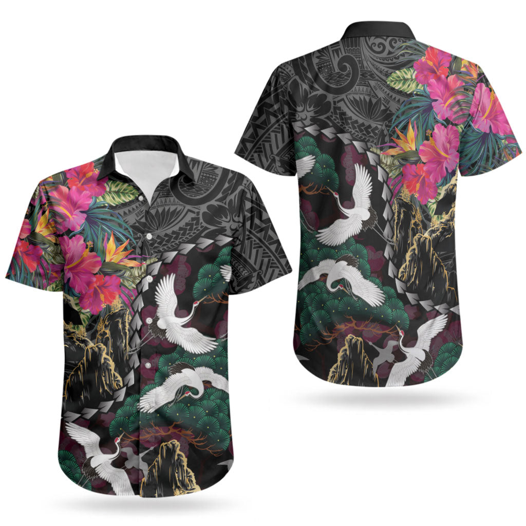 Hawaiian and Japanese Culture Couples Matching Off Shoulder Short Dress and Hawaiian Shirt Crane Sakura Hibiscus Tropical Vibes LT14 - Polynesian Pride