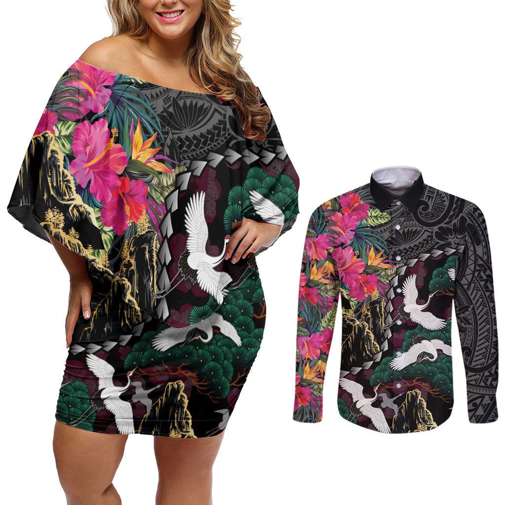 Hawaiian and Japanese Culture Couples Matching Off Shoulder Short Dress and Long Sleeve Button Shirt Crane Sakura Hibiscus Tropical Vibes LT14 Black - Polynesian Pride