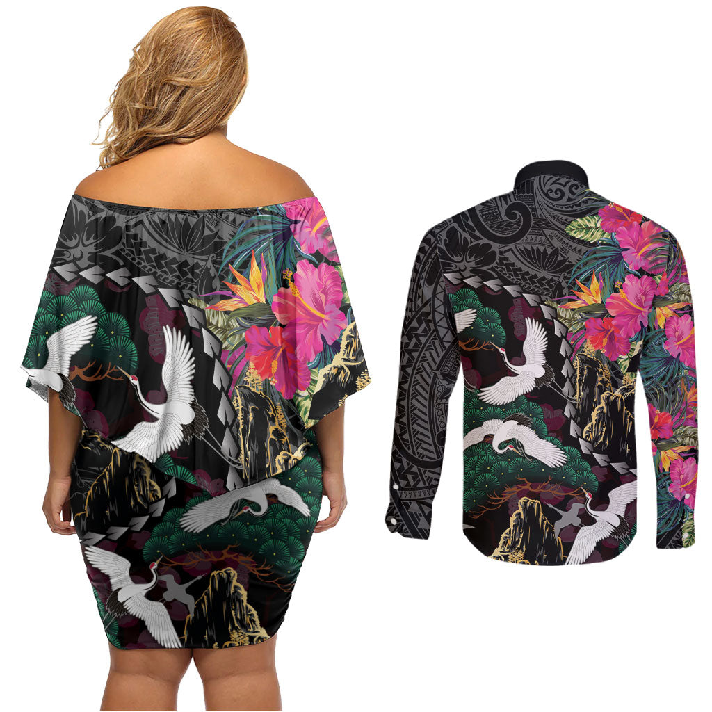 Hawaiian and Japanese Culture Couples Matching Off Shoulder Short Dress and Long Sleeve Button Shirt Crane Sakura Hibiscus Tropical Vibes