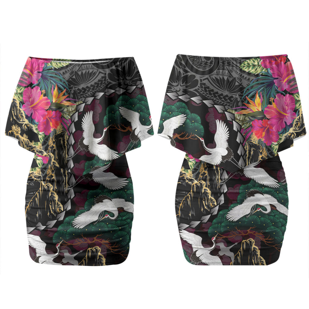 Hawaiian and Japanese Culture Couples Matching Off Shoulder Short Dress and Long Sleeve Button Shirt Crane Sakura Hibiscus Tropical Vibes LT14 - Polynesian Pride
