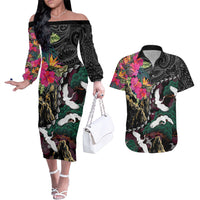 Hawaiian and Japanese Culture Couples Matching Off The Shoulder Long Sleeve Dress and Hawaiian Shirt Crane Sakura Hibiscus Tropical Vibes