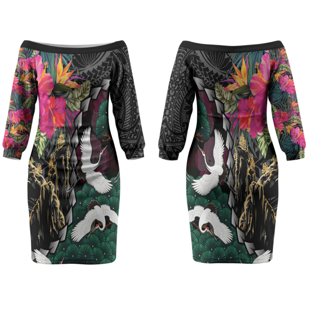 Hawaiian and Japanese Culture Couples Matching Off The Shoulder Long Sleeve Dress and Long Sleeve Button Shirt Crane Sakura Hibiscus Tropical Vibes LT14 - Polynesian Pride