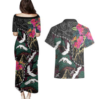 Hawaiian and Japanese Culture Couples Matching Puletasi and Hawaiian Shirt Crane Sakura Hibiscus Tropical Vibes