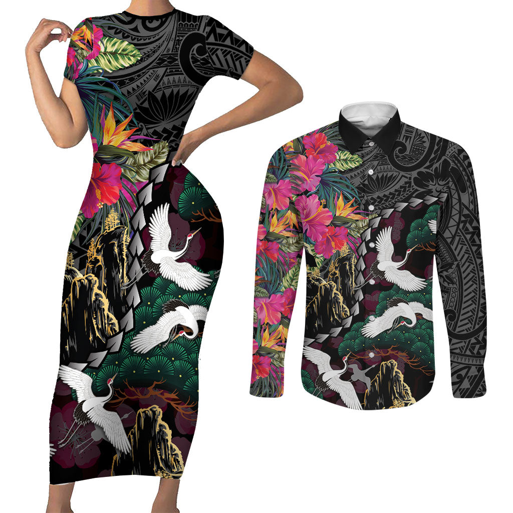 Hawaiian and Japanese Culture Couples Matching Short Sleeve Bodycon Dress and Long Sleeve Button Shirt Crane Sakura Hibiscus Tropical Vibes