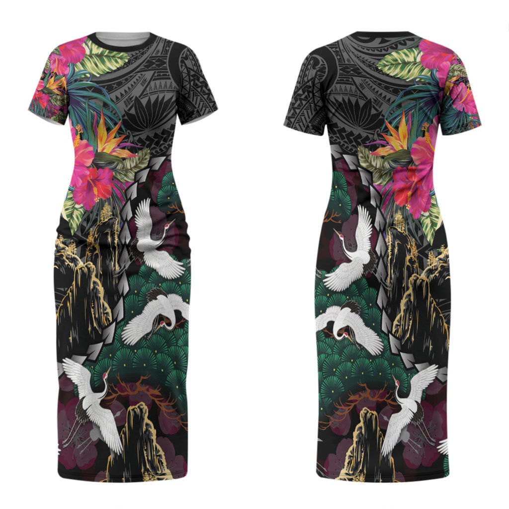 Hawaiian and Japanese Culture Couples Matching Short Sleeve Bodycon Dress and Long Sleeve Button Shirt Crane Sakura Hibiscus Tropical Vibes LT14 - Polynesian Pride