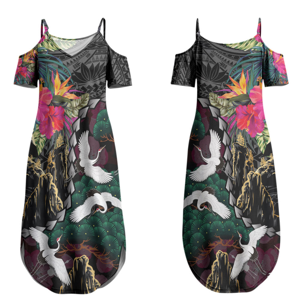 Hawaiian and Japanese Culture Couples Matching Summer Maxi Dress and Long Sleeve Button Shirt Crane Sakura Hibiscus Tropical Vibes LT14 - Polynesian Pride
