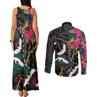 Hawaiian and Japanese Culture Couples Matching Tank Maxi Dress and Long Sleeve Button Shirt Crane Sakura Hibiscus Tropical Vibes