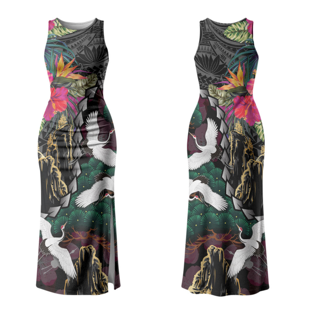 Hawaiian and Japanese Culture Couples Matching Tank Maxi Dress and Long Sleeve Button Shirt Crane Sakura Hibiscus Tropical Vibes LT14 - Polynesian Pride