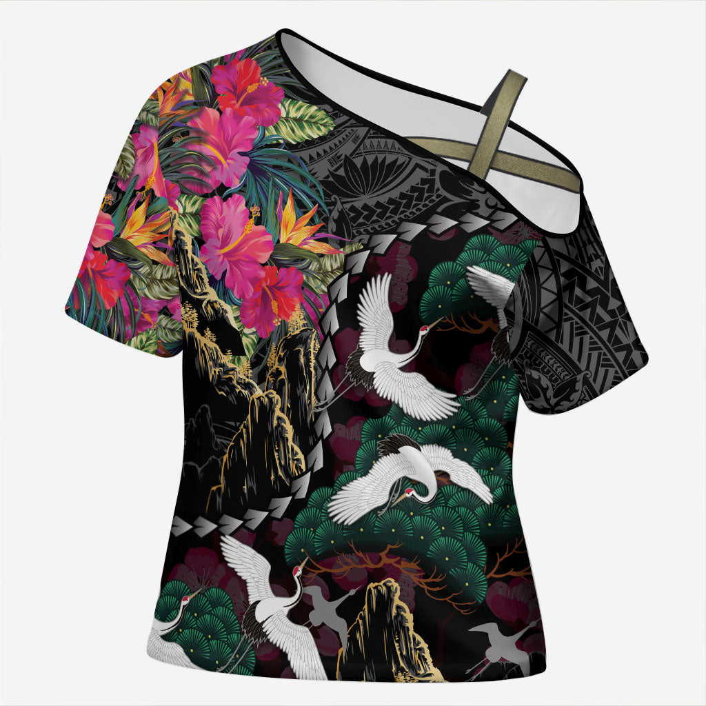 Hawaiian and Japanese Culture Cross Shoulder Shirt Crane Sakura Hibiscus Tropical Vibes