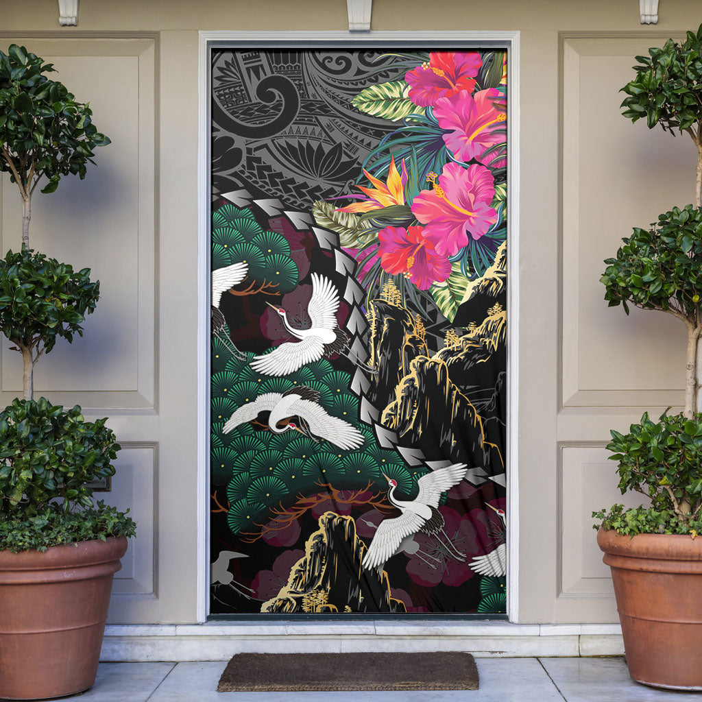 Hawaiian and Japanese Culture Door Cover Crane Sakura Hibiscus Tropical Vibes