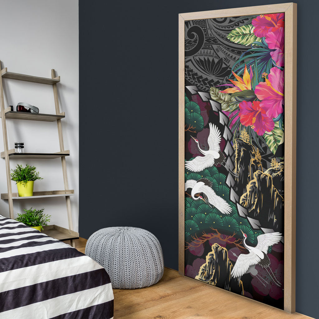 Hawaiian and Japanese Culture Door Cover Crane Sakura Hibiscus Tropical Vibes