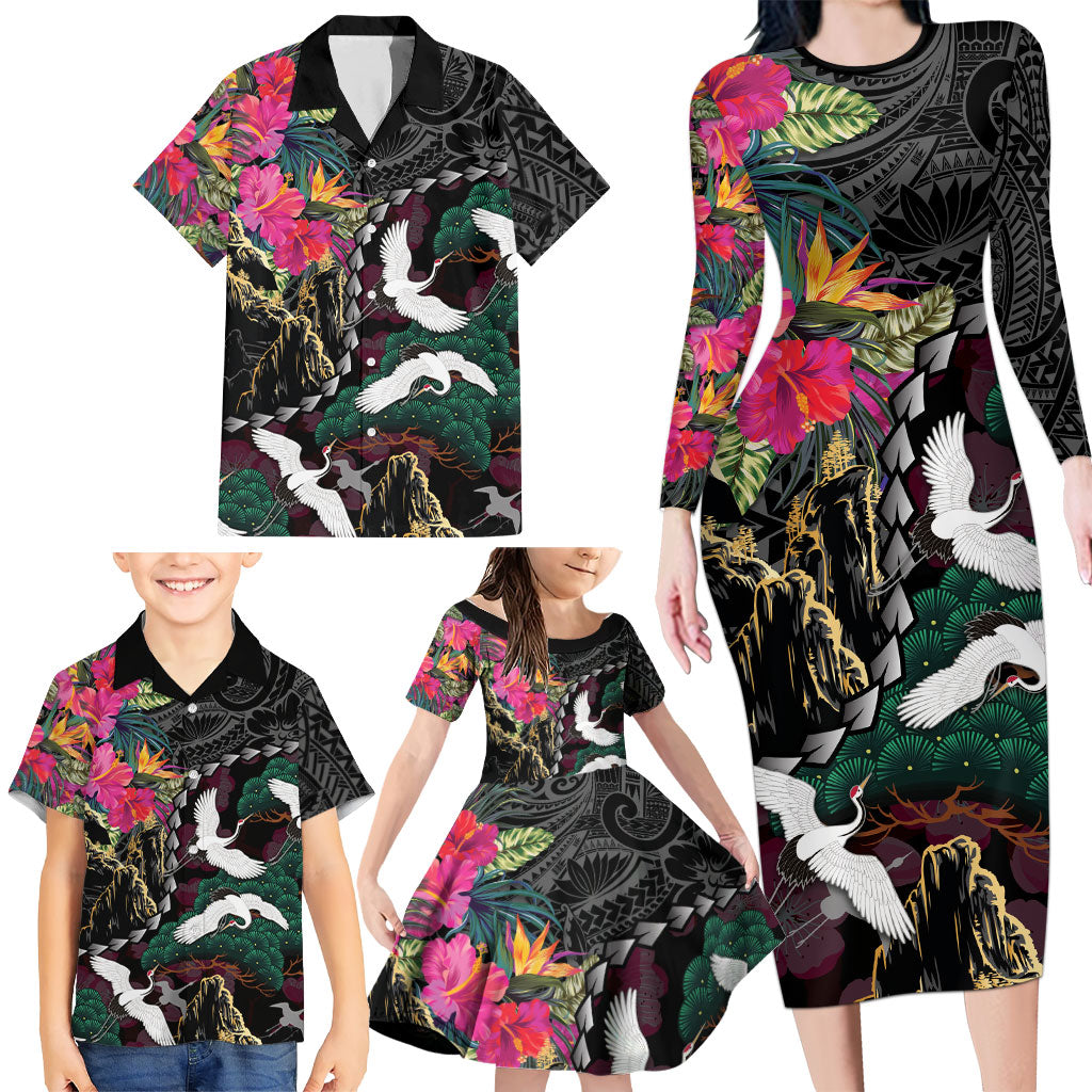 Hawaiian and Japanese Culture Family Matching Long Sleeve Bodycon Dress and Hawaiian Shirt Crane Sakura Hibiscus Tropical Vibes LT14 - Polynesian Pride