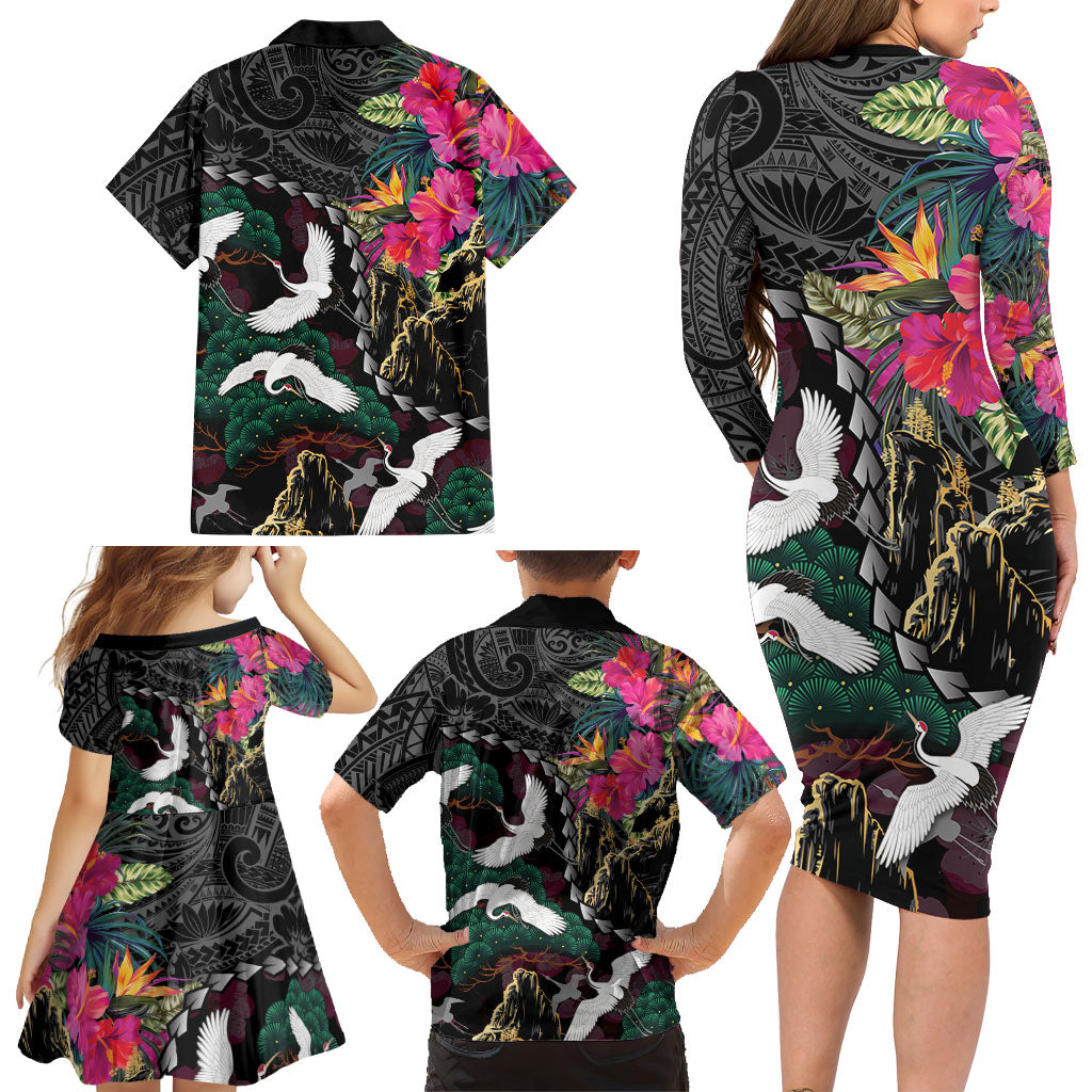 Hawaiian and Japanese Culture Family Matching Long Sleeve Bodycon Dress and Hawaiian Shirt Crane Sakura Hibiscus Tropical Vibes