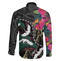 Hawaiian and Japanese Culture Family Matching Long Sleeve Bodycon Dress and Hawaiian Shirt Crane Sakura Hibiscus Tropical Vibes