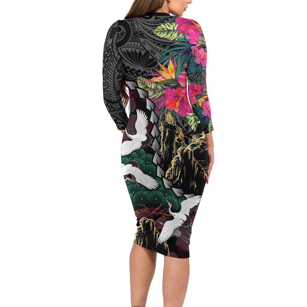 Hawaiian and Japanese Culture Family Matching Long Sleeve Bodycon Dress and Hawaiian Shirt Crane Sakura Hibiscus Tropical Vibes