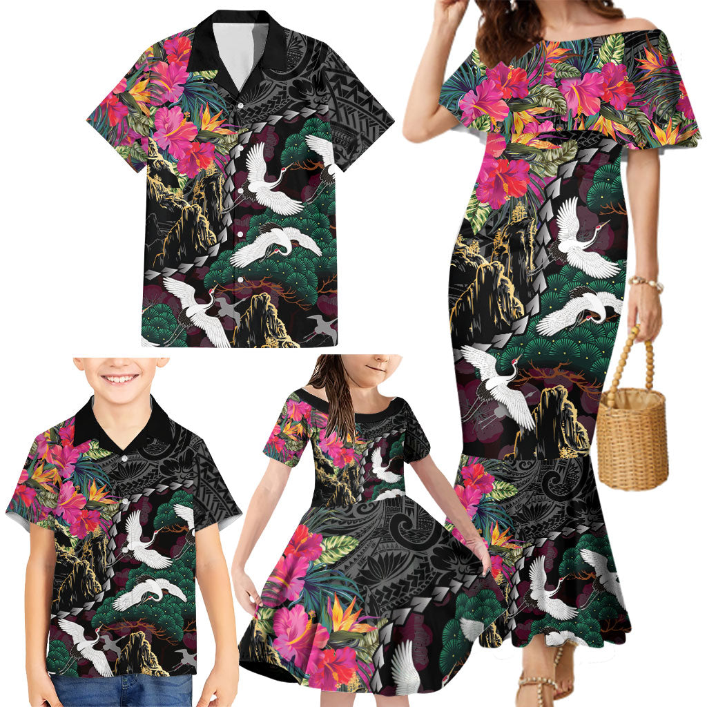Hawaiian and Japanese Culture Family Matching Mermaid Dress and Hawaiian Shirt Crane Sakura Hibiscus Tropical Vibes