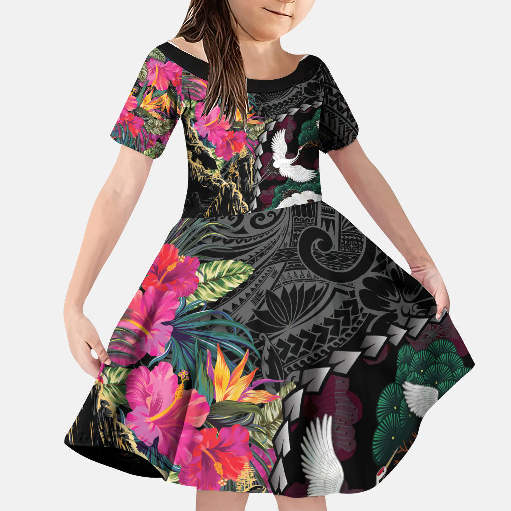 Hawaiian and Japanese Culture Family Matching Off The Shoulder Long Sleeve Dress and Hawaiian Shirt Crane Sakura Hibiscus Tropical Vibes