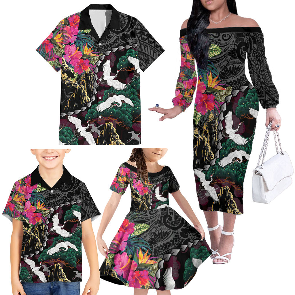 Hawaiian and Japanese Culture Family Matching Off The Shoulder Long Sleeve Dress and Hawaiian Shirt Crane Sakura Hibiscus Tropical Vibes