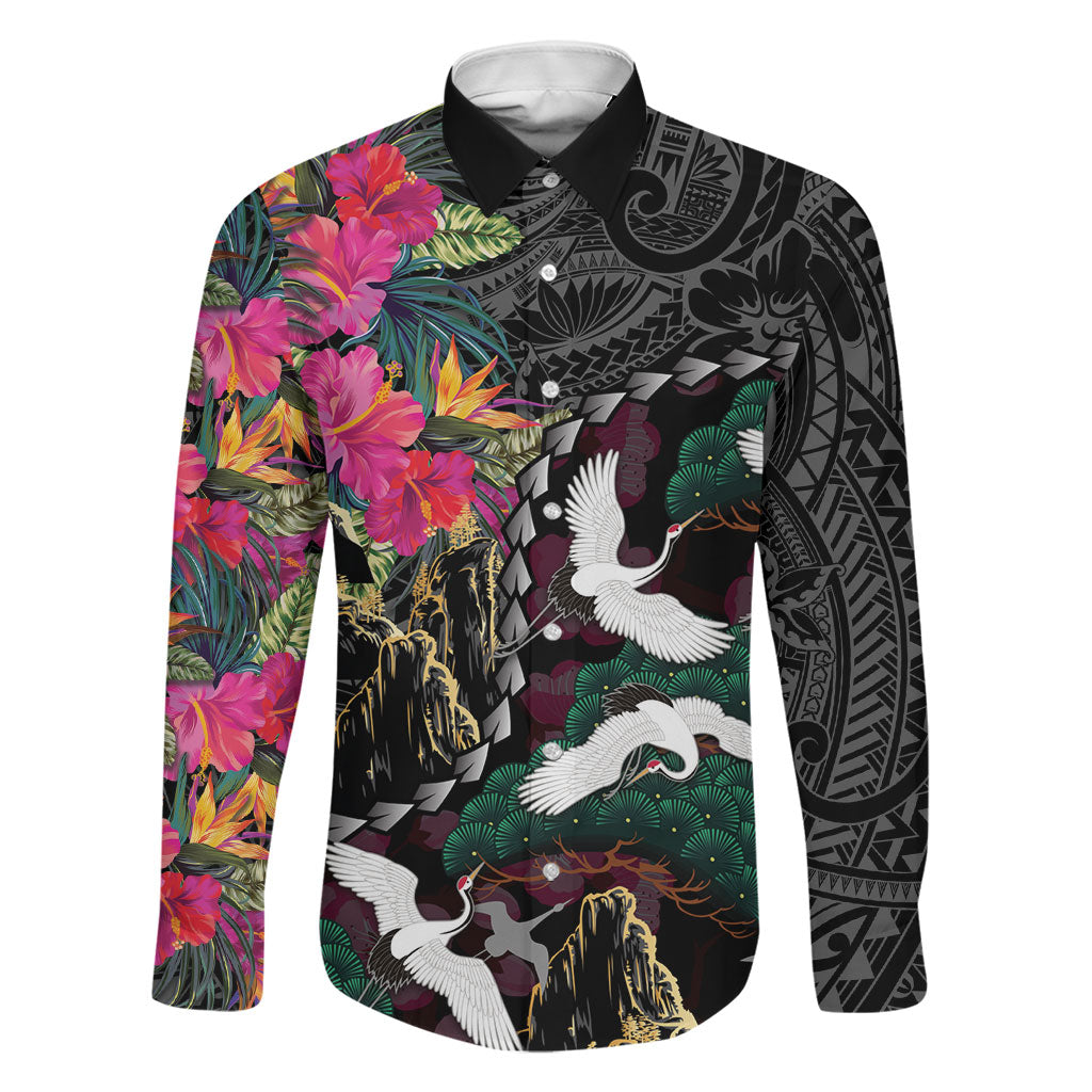 Hawaiian and Japanese Culture Family Matching Off The Shoulder Long Sleeve Dress and Hawaiian Shirt Crane Sakura Hibiscus Tropical Vibes