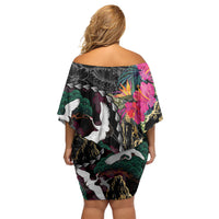 Hawaiian and Japanese Culture Family Matching Off Shoulder Short Dress and Hawaiian Shirt Crane Sakura Hibiscus Tropical Vibes