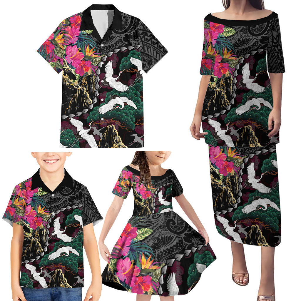 Hawaiian and Japanese Culture Family Matching Puletasi and Hawaiian Shirt Crane Sakura Hibiscus Tropical Vibes
