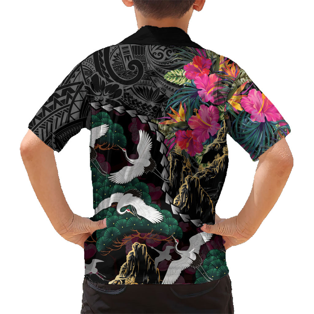 Hawaiian and Japanese Culture Family Matching Short Sleeve Bodycon Dress and Hawaiian Shirt Crane Sakura Hibiscus Tropical Vibes